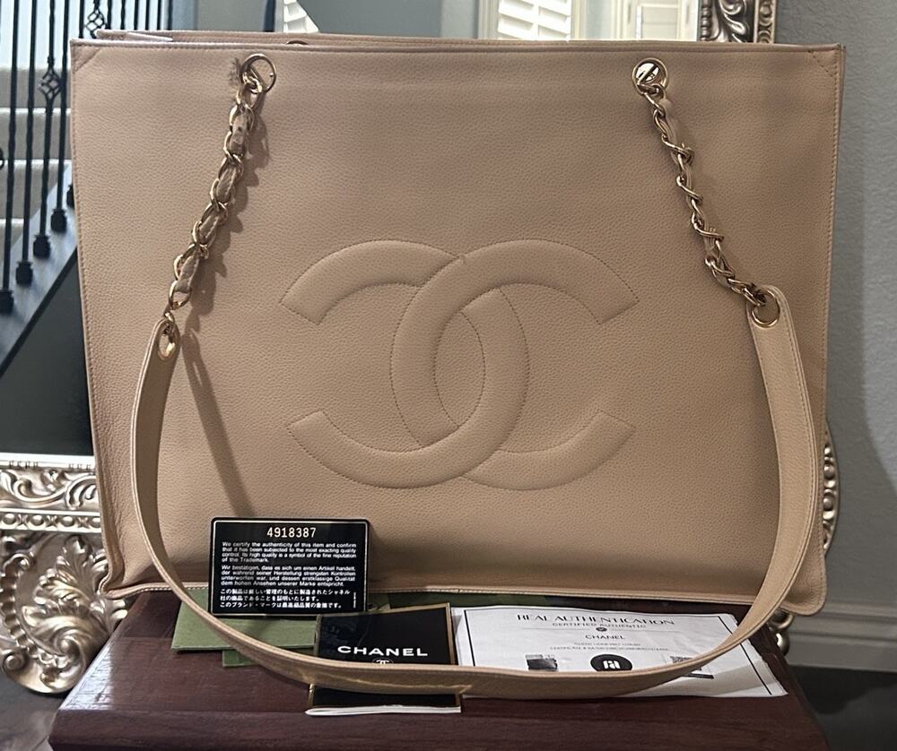 Authentic CHANEL Beige Caviar Timeless CC Chain LARGE Shopping Tote Bag VINTAGE